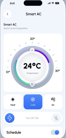 The Comodo app showing a Breeze One set to 24 degrees, with heat, cold and air modes and a schedule toggle