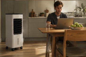 A man working at his kitchen table with a Breeze One running beside him