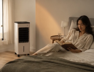 A woman reading in bed with a Breeze One running in the corner